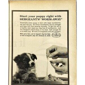 Sergeant's Worm-Away "Start you puppy right" Vintage Print Ad 1967